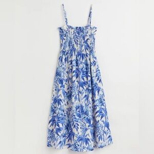 White/Blue Floral Smocked Midi Dress